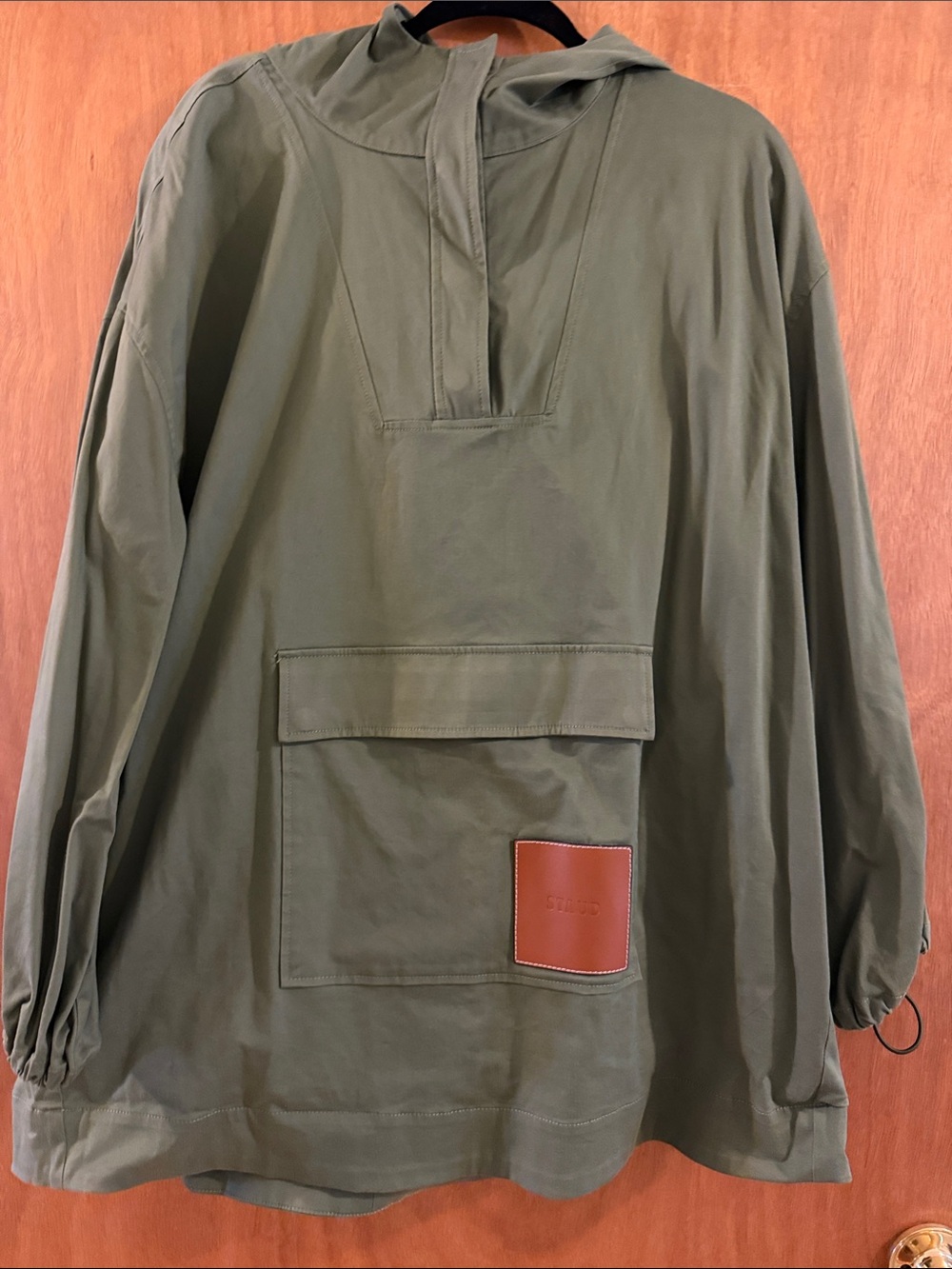 STAUD Olive Green Pullover Anorak with Brown Leather Patch